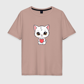 Мужская футболка хлопок Oversize с принтом Милая кошка с сердечком в Санкт-Петербурге, 100% хлопок | свободный крой, круглый ворот, “спинка” длиннее передней части | 