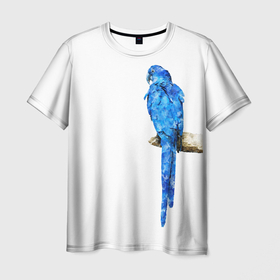 Мужская футболка 3D с принтом Птица синий попугай на дереве , 100% полиэфир | прямой крой, круглый вырез горловины, длина до линии бедер | 