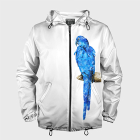 Мужская ветровка 3D с принтом Птица синий попугай на дереве , 100% полиэстер | подол и капюшон оформлены резинкой с фиксаторами, два кармана без застежек по бокам, один потайной карман на груди | 