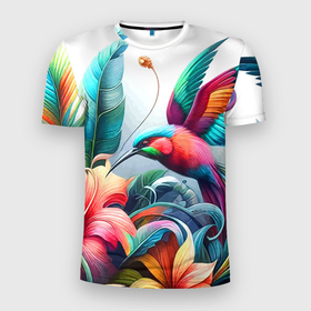 Мужская футболка 3D Slim с принтом Райская птица   тропики в Кировске, 100% полиэстер с улучшенными характеристиками | приталенный силуэт, круглая горловина, широкие плечи, сужается к линии бедра | Тематика изображения на принте: 