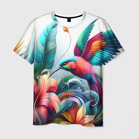 Мужская футболка 3D с принтом Райская птица   тропики в Кировске, 100% полиэфир | прямой крой, круглый вырез горловины, длина до линии бедер | Тематика изображения на принте: 