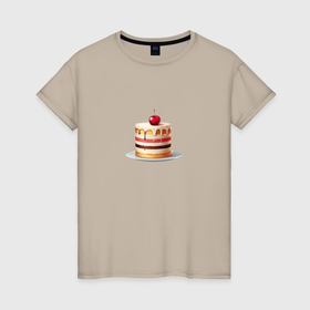 Женская футболка хлопок с принтом Вишенка на кусочке торта , 100% хлопок | прямой крой, круглый вырез горловины, длина до линии бедер, слегка спущенное плечо | 