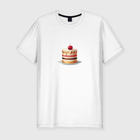 Мужская футболка хлопок Slim с принтом Вишенка на кусочке торта в Санкт-Петербурге, 92% хлопок, 8% лайкра | приталенный силуэт, круглый вырез ворота, длина до линии бедра, короткий рукав | 