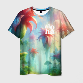 Мужская футболка 3D с принтом Сказочный райский сад   алоха в Петрозаводске, 100% полиэфир | прямой крой, круглый вырез горловины, длина до линии бедер | Тематика изображения на принте: 