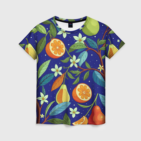 Женская футболка 3D с принтом Фруктовый сад   груши, апельсины в Кировске, 100% полиэфир ( синтетическое хлопкоподобное полотно) | прямой крой, круглый вырез горловины, длина до линии бедер | 