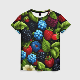 Женская футболка 3D с принтом Лесные ягоды черная синяя ежевика   красная малина в Курске, 100% полиэфир ( синтетическое хлопкоподобное полотно) | прямой крой, круглый вырез горловины, длина до линии бедер | 