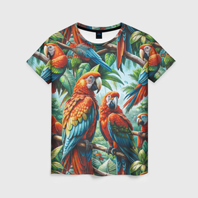 Женская футболка 3D с принтом Попугаи Ара   тропики джунгли в Кировске, 100% полиэфир ( синтетическое хлопкоподобное полотно) | прямой крой, круглый вырез горловины, длина до линии бедер | 