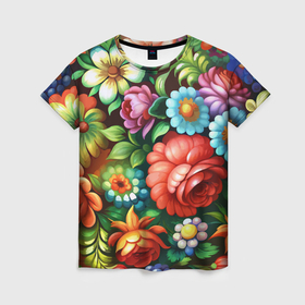 Женская футболка 3D с принтом Жостово роспись цветы традиционный узор в Кировске, 100% полиэфир ( синтетическое хлопкоподобное полотно) | прямой крой, круглый вырез горловины, длина до линии бедер | 