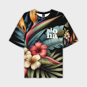 Мужская футболка oversize 3D с принтом Ночные тропические цветы   алоха в Новосибирске,  |  | Тематика изображения на принте: 