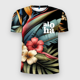 Мужская футболка 3D Slim с принтом Ночные тропические цветы   алоха в Петрозаводске, 100% полиэстер с улучшенными характеристиками | приталенный силуэт, круглая горловина, широкие плечи, сужается к линии бедра | Тематика изображения на принте: 