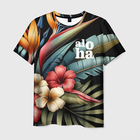 Мужская футболка 3D с принтом Ночные тропические цветы   алоха в Тюмени, 100% полиэфир | прямой крой, круглый вырез горловины, длина до линии бедер | 