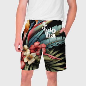 Мужские шорты 3D с принтом Ночные тропические цветы   алоха в Новосибирске,  полиэстер 100% | прямой крой, два кармана без застежек по бокам. Мягкая трикотажная резинка на поясе, внутри которой широкие завязки. Длина чуть выше колен | Тематика изображения на принте: 