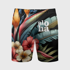 Мужские шорты спортивные с принтом Ночные тропические цветы   алоха в Курске,  |  | Тематика изображения на принте: 
