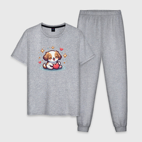 Мужская пижама хлопок с принтом Милая собачка с сердечком , 100% хлопок | брюки и футболка прямого кроя, без карманов, на брюках мягкая резинка на поясе и по низу штанин
 | 