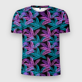 Мужская футболка 3D Slim с принтом Тропические пальмовые листья в Новосибирске, 100% полиэстер с улучшенными характеристиками | приталенный силуэт, круглая горловина, широкие плечи, сужается к линии бедра | 