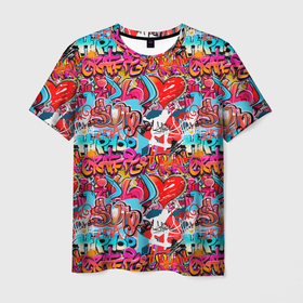 Мужская футболка 3D с принтом Hip Hop Graffiti , 100% полиэфир | прямой крой, круглый вырез горловины, длина до линии бедер | 