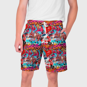 Мужские шорты 3D с принтом Hip Hop Graffiti в Курске,  полиэстер 100% | прямой крой, два кармана без застежек по бокам. Мягкая трикотажная резинка на поясе, внутри которой широкие завязки. Длина чуть выше колен | 