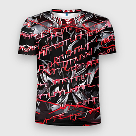 Мужская футболка 3D Slim с принтом Инопланетный текст красный в Санкт-Петербурге, 100% полиэстер с улучшенными характеристиками | приталенный силуэт, круглая горловина, широкие плечи, сужается к линии бедра | Тематика изображения на принте: 