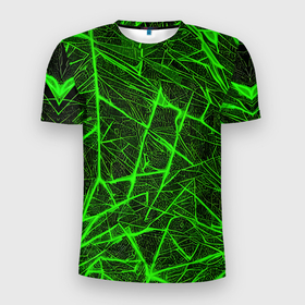 Мужская футболка 3D Slim с принтом Зелёная паутина на чёрном фоне в Петрозаводске, 100% полиэстер с улучшенными характеристиками | приталенный силуэт, круглая горловина, широкие плечи, сужается к линии бедра | Тематика изображения на принте: 