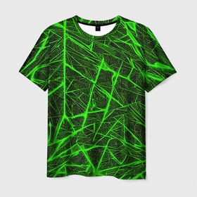 Мужская футболка 3D с принтом Зелёная паутина на чёрном фоне в Петрозаводске, 100% полиэфир | прямой крой, круглый вырез горловины, длина до линии бедер | Тематика изображения на принте: 