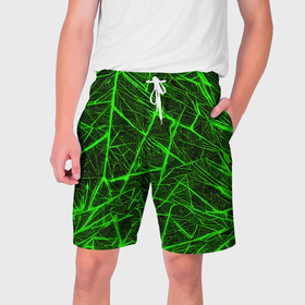 Мужские шорты 3D с принтом Зелёная паутина на чёрном фоне в Кировске,  полиэстер 100% | прямой крой, два кармана без застежек по бокам. Мягкая трикотажная резинка на поясе, внутри которой широкие завязки. Длина чуть выше колен | 