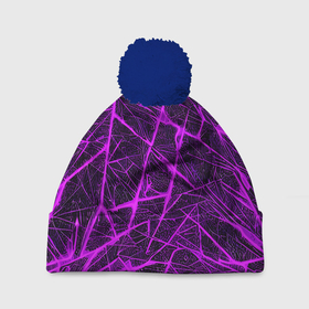 Шапка 3D c помпоном с принтом Фиолетовая паутина на чёрном фоне в Санкт-Петербурге, 100% полиэстер | универсальный размер, печать по всей поверхности изделия | 