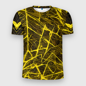 Мужская футболка 3D Slim с принтом Жёлтая паутина на чёрном фоне в Курске, 100% полиэстер с улучшенными характеристиками | приталенный силуэт, круглая горловина, широкие плечи, сужается к линии бедра | 