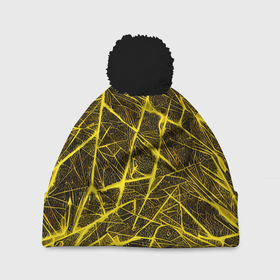Шапка 3D c помпоном с принтом Жёлтая паутина на чёрном фоне в Санкт-Петербурге, 100% полиэстер | универсальный размер, печать по всей поверхности изделия | 