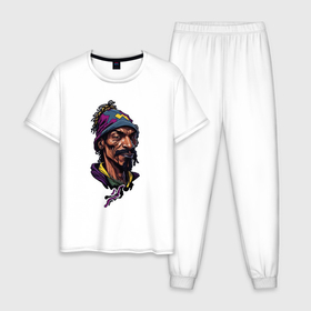 Мужская пижама хлопок с принтом Snoop dogg head в Петрозаводске, 100% хлопок | брюки и футболка прямого кроя, без карманов, на брюках мягкая резинка на поясе и по низу штанин
 | Тематика изображения на принте: 