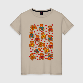 Женская футболка хлопок с принтом Мишки в цветных свитерах и сердечки в Курске, 100% хлопок | прямой крой, круглый вырез горловины, длина до линии бедер, слегка спущенное плечо | 