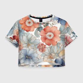 Женская футболка Crop-top 3D с принтом Цветочный узор   нейросеть в Кировске, 100% полиэстер | круглая горловина, длина футболки до линии талии, рукава с отворотами | 