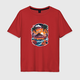 Мужская футболка хлопок Oversize с принтом Остров на фоне заката в Курске, 100% хлопок | свободный крой, круглый ворот, “спинка” длиннее передней части | 