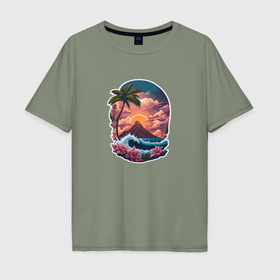 Мужская футболка хлопок Oversize с принтом Красочный тропический остров в Петрозаводске, 100% хлопок | свободный крой, круглый ворот, “спинка” длиннее передней части | 