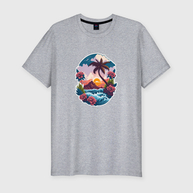 Мужская футболка хлопок Slim с принтом Красочный остров среди океана в Петрозаводске, 92% хлопок, 8% лайкра | приталенный силуэт, круглый вырез ворота, длина до линии бедра, короткий рукав | 