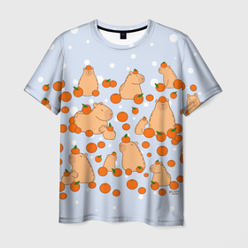 Мужская футболка 3D с принтом Мем капибара и мандарины в Тюмени, 100% полиэфир | прямой крой, круглый вырез горловины, длина до линии бедер | 