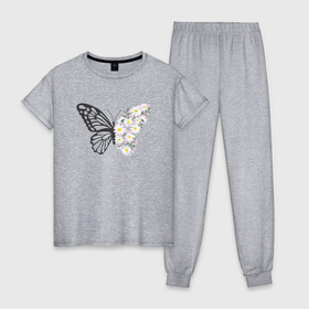 Женская пижама хлопок с принтом Цветы и бабочка в Белгороде, 100% хлопок | брюки и футболка прямого кроя, без карманов, на брюках мягкая резинка на поясе и по низу штанин | 