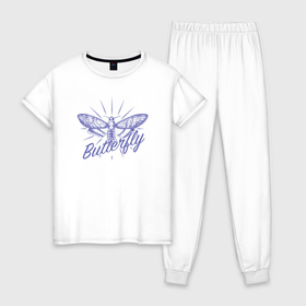 Женская пижама хлопок с принтом Бабочка изображение в Белгороде, 100% хлопок | брюки и футболка прямого кроя, без карманов, на брюках мягкая резинка на поясе и по низу штанин | 
