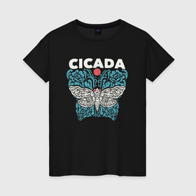 Женская футболка хлопок с принтом Цикада изображение в Белгороде, 100% хлопок | прямой крой, круглый вырез горловины, длина до линии бедер, слегка спущенное плечо | 