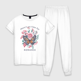 Женская пижама хлопок с принтом Цветы и бабочка   нет времени на романтику в Курске, 100% хлопок | брюки и футболка прямого кроя, без карманов, на брюках мягкая резинка на поясе и по низу штанин | 