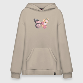 Худи SuperOversize хлопок с принтом Цветы и бабочка в Новосибирске, 70% хлопок, 30% полиэстер, мягкий начес внутри | карман-кенгуру, эластичная резинка на манжетах и по нижней кромке, двухслойный капюшон
 | 