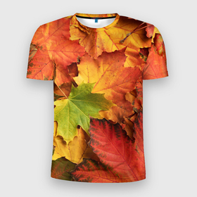 Мужская футболка 3D Slim с принтом Осенние яркие кленовые листья в Кировске, 100% полиэстер с улучшенными характеристиками | приталенный силуэт, круглая горловина, широкие плечи, сужается к линии бедра | 
