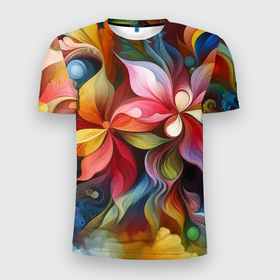 Мужская футболка 3D Slim с принтом Яркие тропические цветы   живопись в Новосибирске, 100% полиэстер с улучшенными характеристиками | приталенный силуэт, круглая горловина, широкие плечи, сужается к линии бедра | 