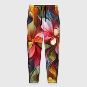 Мужские брюки 3D с принтом Яркие тропические цветы   живопись в Петрозаводске, 100% полиэстер | манжеты по низу, эластичный пояс регулируется шнурком, по бокам два кармана без застежек, внутренняя часть кармана из мелкой сетки | 
