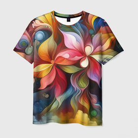 Мужская футболка 3D с принтом Яркие тропические цветы   живопись в Белгороде, 100% полиэфир | прямой крой, круглый вырез горловины, длина до линии бедер | 