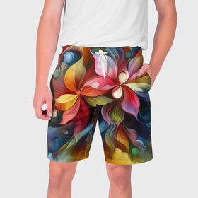 Мужские шорты 3D с принтом Яркие тропические цветы   живопись в Новосибирске,  полиэстер 100% | прямой крой, два кармана без застежек по бокам. Мягкая трикотажная резинка на поясе, внутри которой широкие завязки. Длина чуть выше колен | 