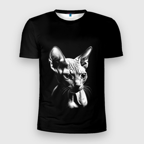 Мужская футболка 3D Slim с принтом Кот сфинкс с другой планеты на черном фоне в Петрозаводске, 100% полиэстер с улучшенными характеристиками | приталенный силуэт, круглая горловина, широкие плечи, сужается к линии бедра | 