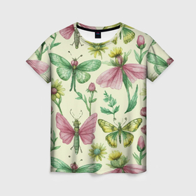 Женская футболка 3D с принтом Акварельные бабочки насекомые полевые цветы , 100% полиэфир ( синтетическое хлопкоподобное полотно) | прямой крой, круглый вырез горловины, длина до линии бедер | 