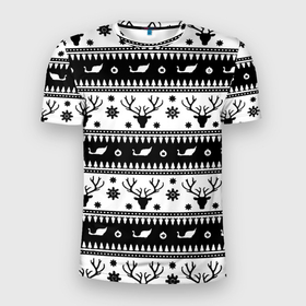 Мужская футболка 3D Slim с принтом Новогодний свитер с оленями в Петрозаводске, 100% полиэстер с улучшенными характеристиками | приталенный силуэт, круглая горловина, широкие плечи, сужается к линии бедра | 