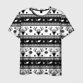 Мужская футболка 3D с принтом Новогодний свитер с оленями в Санкт-Петербурге, 100% полиэфир | прямой крой, круглый вырез горловины, длина до линии бедер | 