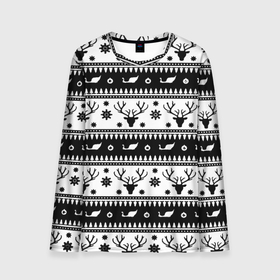 Мужской лонгслив 3D с принтом Новогодний свитер с оленями в Санкт-Петербурге, 100% полиэстер | длинные рукава, круглый вырез горловины, полуприлегающий силуэт | 